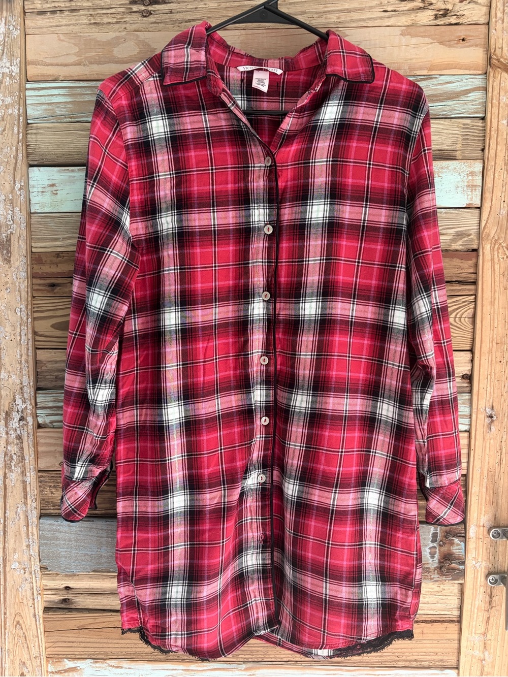 Victoria’s Secret Red Plaid Flannel Nightgown Sleep Shirt XS Lace Trim